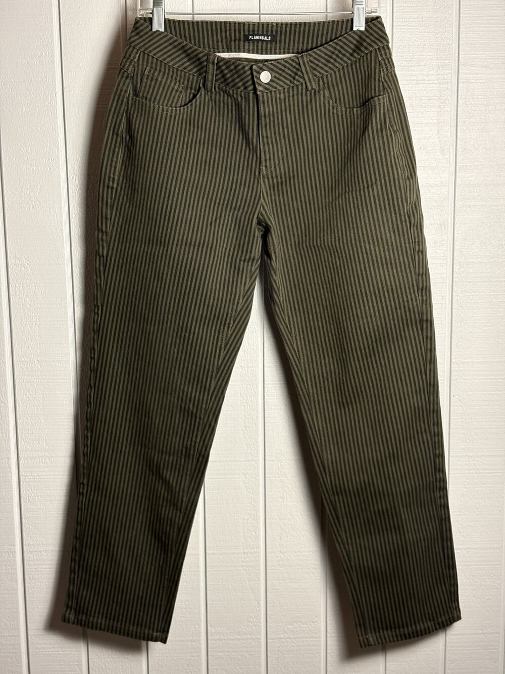 Flamingals Women M Olive Black Pinstripe Straight Leg Stretch Pants 28" Inseam